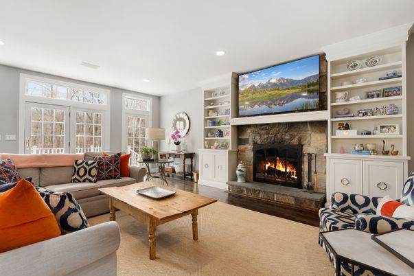 Fireplace, Interior, Living room, Recessed Lighting, Wood Texture Flooring