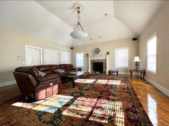Fireplace, Interior, Living room, Pendant Lights, Recessed Lighting, Wood Texture Flooring