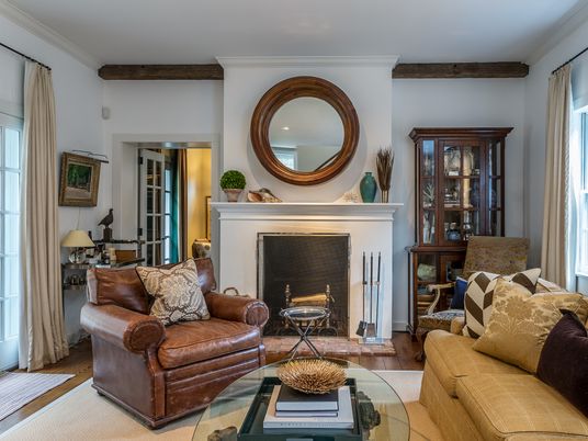 Fireplace, Interior, Living room, Recessed Lighting, Wooden Beams, Wood Texture Flooring