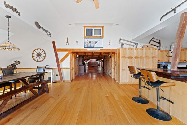Dining room, Interior, Pendant Lights, Wood Texture Flooring