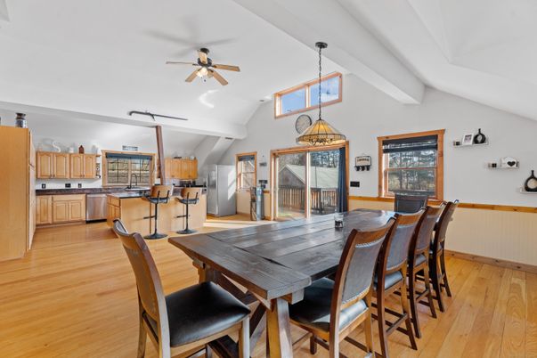 Dining room, Interior, Kitchen, Pendant Lights, Wood Texture Flooring