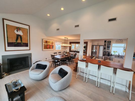Dining room, Fireplace, Interior, Kitchen, Pendant Lights, Recessed Lighting, Stainless Steel Appliances, Wood Texture Flooring