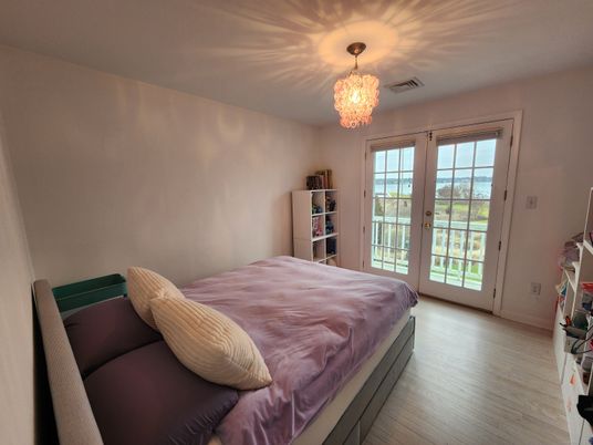 Bedroom, Chandelier, Interior, Wood Texture Flooring