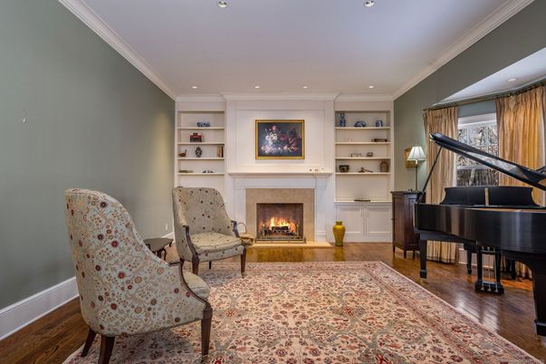 Fireplace, Interior, Piano, Recessed Lighting, Wood Texture Flooring