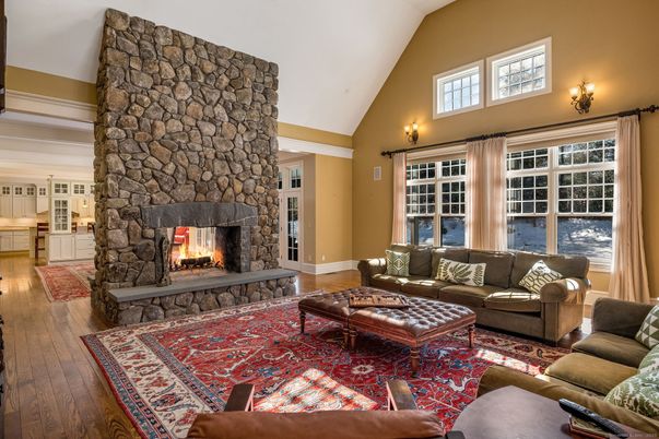 Fireplace, Interior, Living room, Stone Walls, Wood Texture Flooring