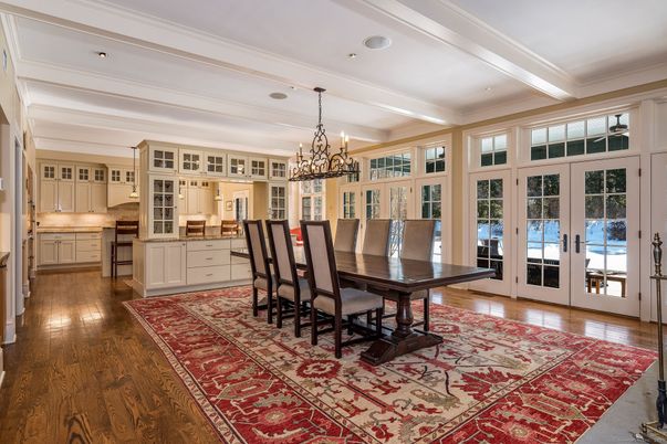 Chandelier, Dining room, Interior, Kitchen, Recessed Lighting, Wood Texture Flooring