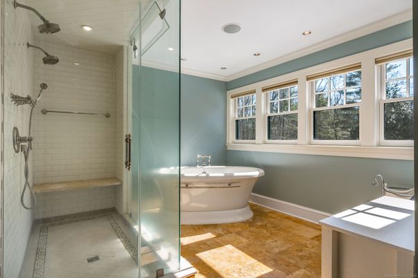 Bathroom, Free Standing Baths, Glass Shower, Interior, Recessed Lighting