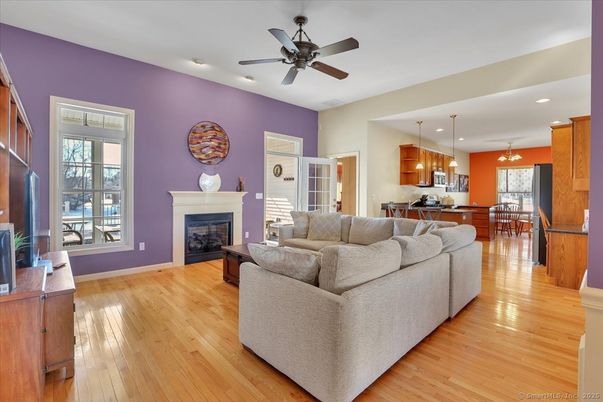 Dining room, Fireplace, Interior, Kitchen, Living room, Pendant Lights, Recessed Lighting, Wood Texture Flooring