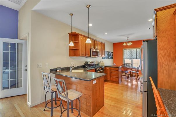Dining room, Interior, Kitchen, Pendant Lights, Recessed Lighting, Wood Texture Flooring