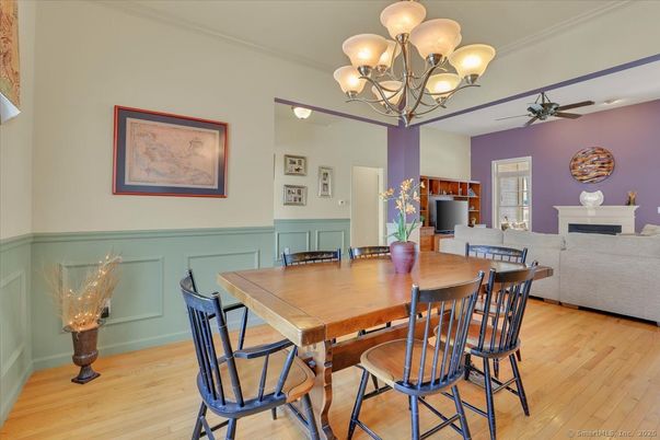 Chandelier, Dining room, Fireplace, Interior, Living room, Wood Texture Flooring
