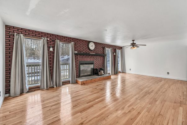Empty room, Fireplace, Interior, Stone Walls, Wood Texture Flooring