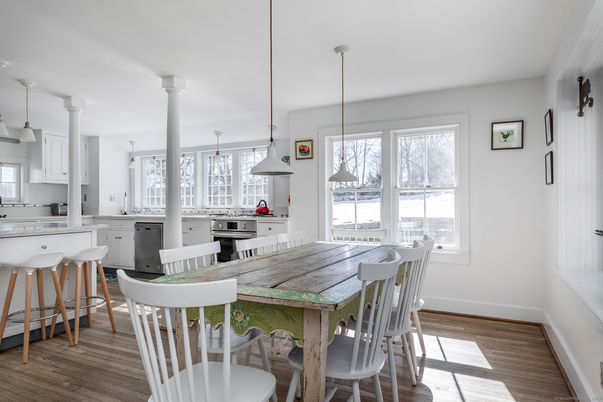 Dining room, Interior, Kitchen, Pendant Lights, Stainless Steel Appliances, Wood Texture Flooring