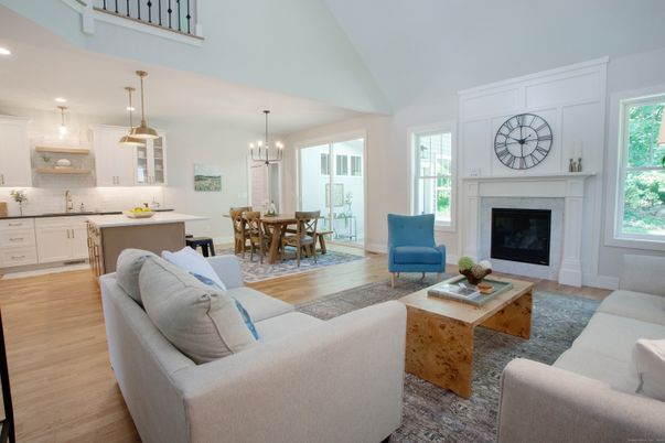 Dining room, Fireplace, Interior, Kitchen, Living room, Pendant Lights, Recessed Lighting, Wood Texture Flooring