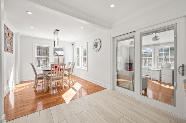 Dining room, Interior, Pendant Lights, Recessed Lighting, Wood Texture Flooring