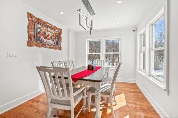 Dining room, Interior, Pendant Lights, Recessed Lighting, Wood Texture Flooring