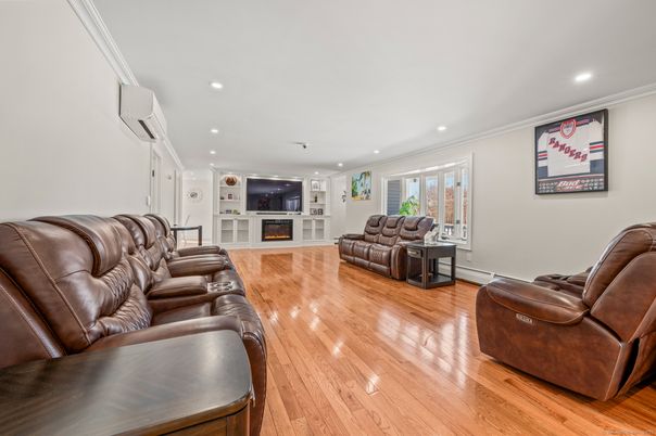 Home Theatre Room, Fireplace, Interior, Living room, Recessed Lighting, Wood Texture Flooring