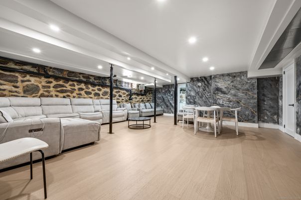Interior, Living room, Marble Walls, Recessed Lighting, Wood Texture Flooring