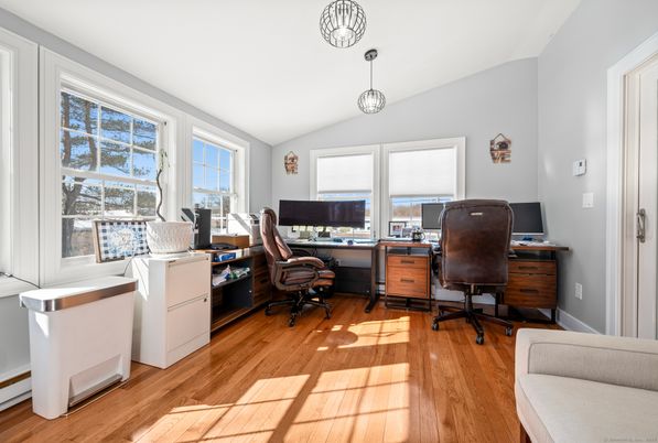 Home Office, Interior, Pendant Lights, Wood Texture Flooring