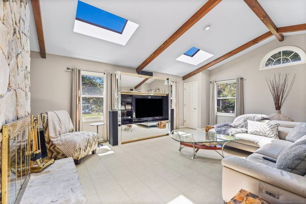 Interior, Living room, Recessed Lighting, Wooden Beams