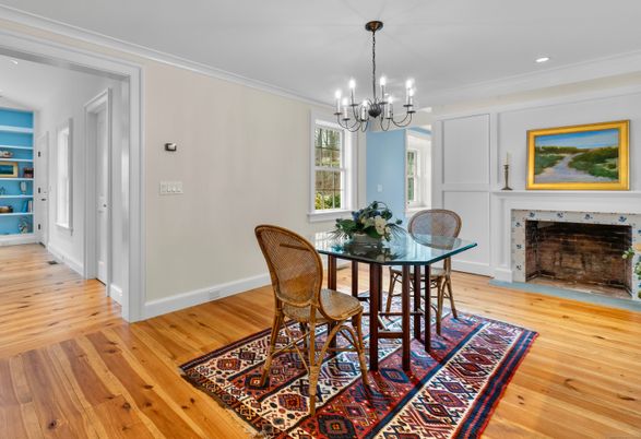 Chandelier, Dining room, Fireplace, Interior, Recessed Lighting, Wood Texture Flooring