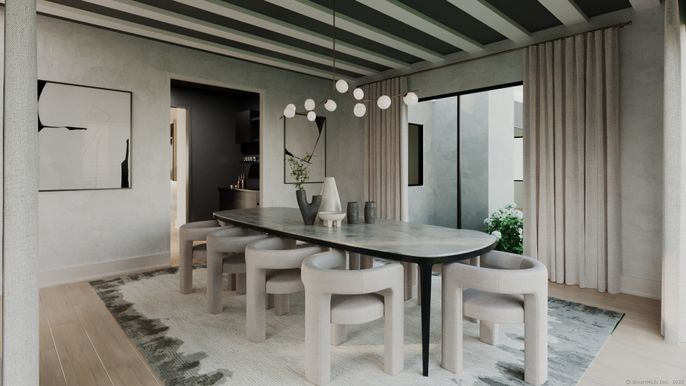 Dining room, Interior, Pendant Lights, Wood Texture Flooring