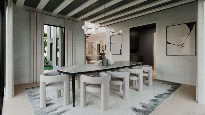 Dining room, Interior, Pendant Lights, Wood Texture Flooring