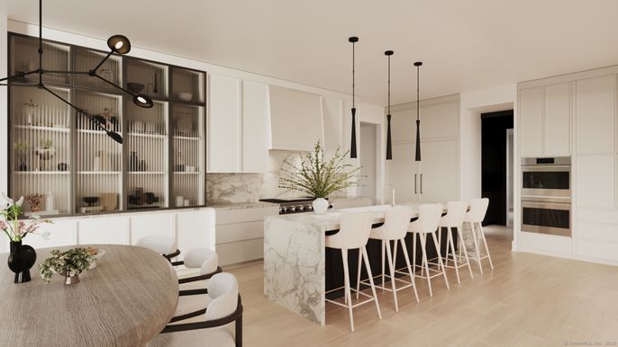 Interior, Kitchen, Marble Walls, Pendant Lights, Stainless Steel Appliances, Wood Texture Flooring