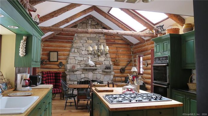 Fireplace, Interior, Kitchen, Stone Walls, Wooden Beams, Wood Texture Flooring, Wooden Walls