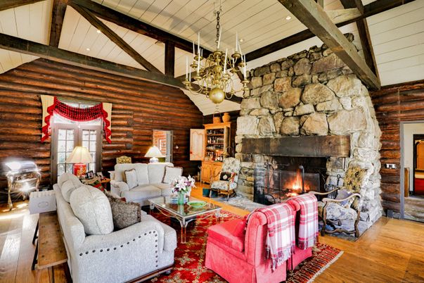 Fireplace, Interior, Living room, Pendant Lights, Recessed Lighting, Stone Walls, Wooden Beams, Wooden Ceilings, Wood Texture Flooring, Wooden Walls