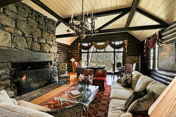Fireplace, Interior, Living room, Pendant Lights, Stone Walls, Wooden Ceilings, Wood Texture Flooring