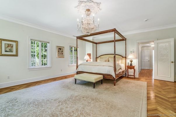 Bedroom, Chandelier, Interior, Wood Texture Flooring