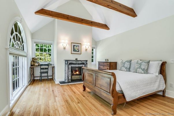 Bedroom, Fireplace, Interior, Wooden Beams, Wood Texture Flooring