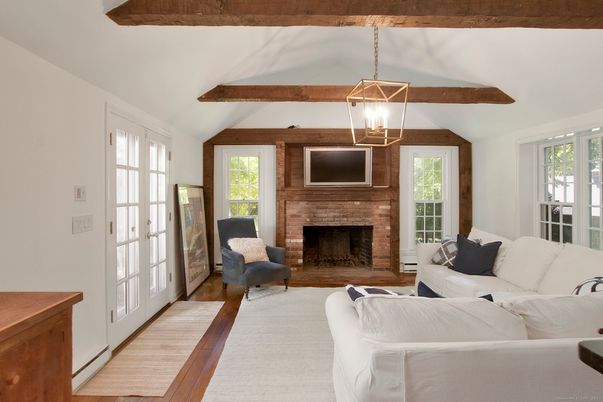 Fireplace, Interior, Living room, Pendant Lights, Wooden Beams, Wood Texture Flooring