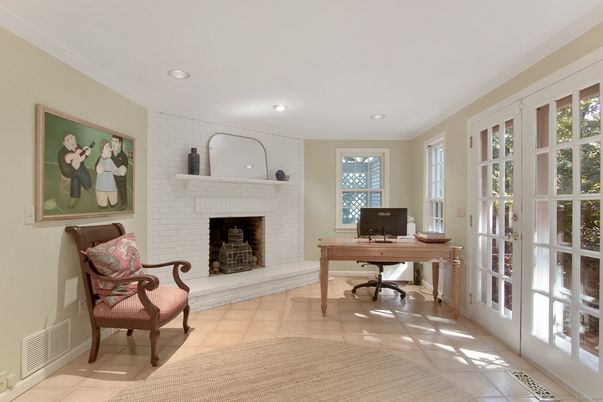 Fireplace, Home Office, Interior, Recessed Lighting, Stone Walls