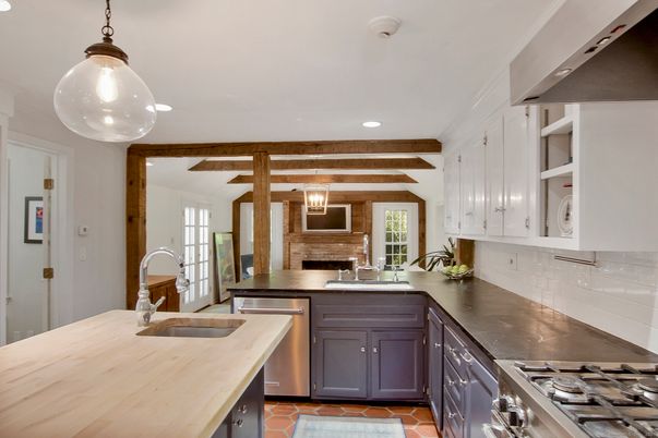 Fireplace, Interior, Kitchen, Pendant Lights, Recessed Lighting, Stainless Steel Appliances, Wooden Beams