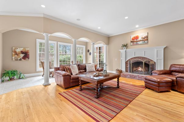 Fireplace, Interior, Living room, Recessed Lighting, Wood Texture Flooring