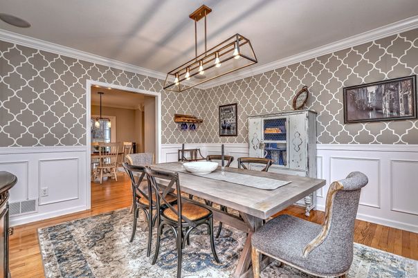 Dining room, Interior, Pendant Lights, Wood Texture Flooring