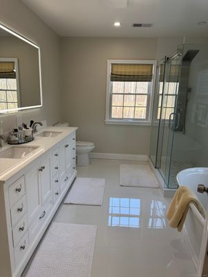 Bathroom, Dual Sink Vanities, Glass Shower, Interior, Recessed Lighting