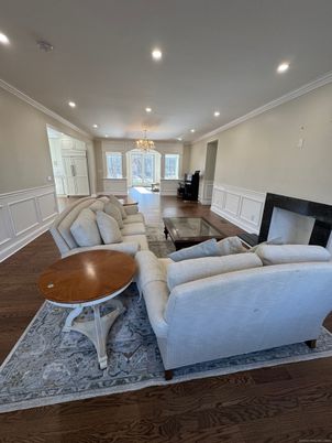 Bedroom, Chandelier, Dining room, Interior, Living room, Recessed Lighting, Wood Texture Flooring