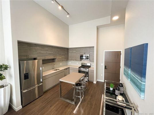 Interior, Kitchen, Recessed Lighting, Stainless Steel Appliances, Wood Texture Flooring