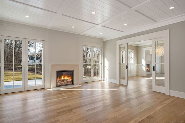 Empty room, Fireplace, Interior, Recessed Lighting, Wood Texture Flooring