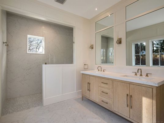 Bathroom, Dual Sink Vanities, Interior, Marble, Marble Walls, Recessed Lighting