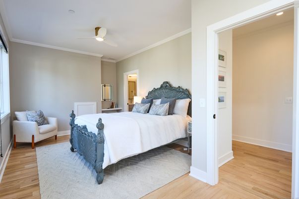 Bedroom, Interior, Recessed Lighting, Wood Texture Flooring