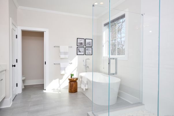 Bathroom, Free Standing Baths, Glass Shower, Interior, Wood Texture Flooring