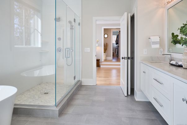 Bathroom, Free Standing Baths, Glass Shower, Interior, Wood Texture Flooring