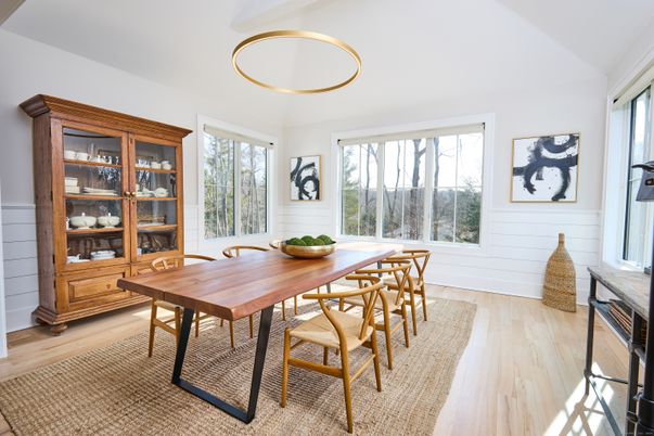 Dining room, Interior, Pendant Lights, Wood Texture Flooring