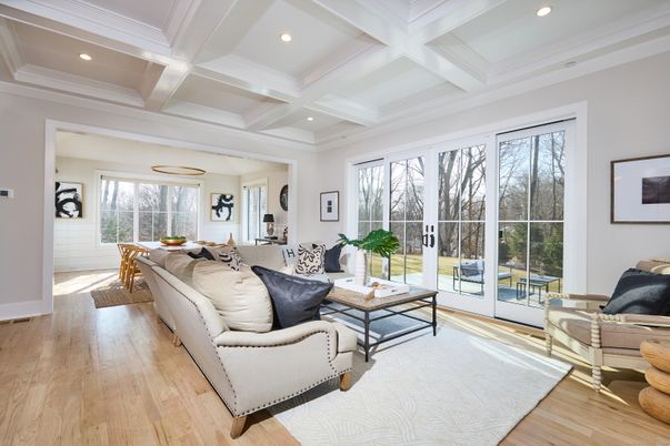 Dining room, Interior, Living room, Recessed Lighting, Wood Texture Flooring