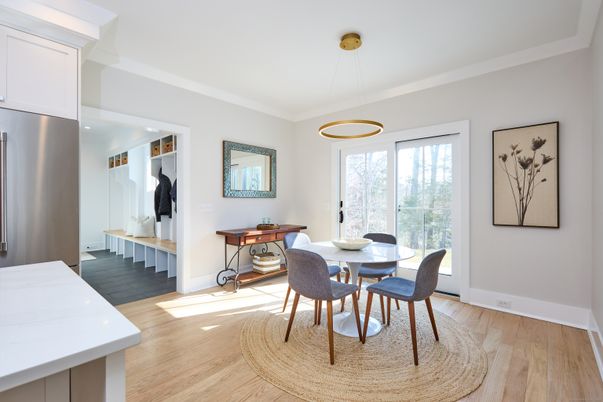 Dining room, Interior, Pendant Lights, Wood Texture Flooring