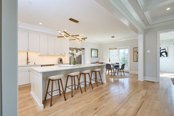 Dining room, Interior, Kitchen, Pendant Lights, Recessed Lighting, Wood Texture Flooring