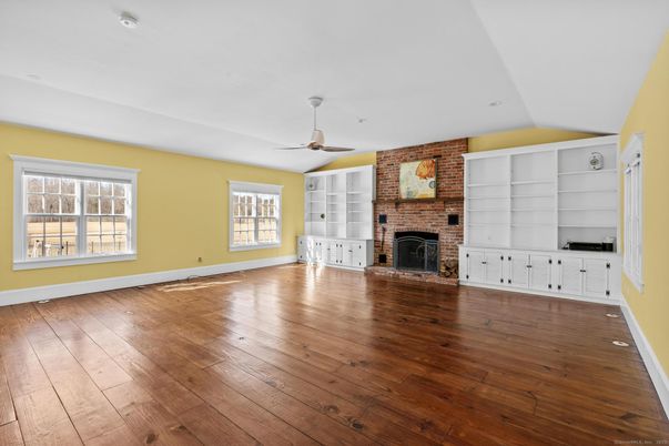 Empty room, Fireplace, Interior, Stone Walls, Wood Texture Flooring